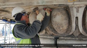 Careful removal of cement joint above egg & dart